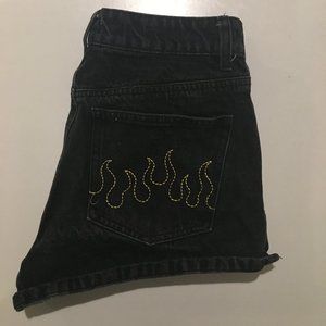 Black Denim Shorts w Flame Embroidery